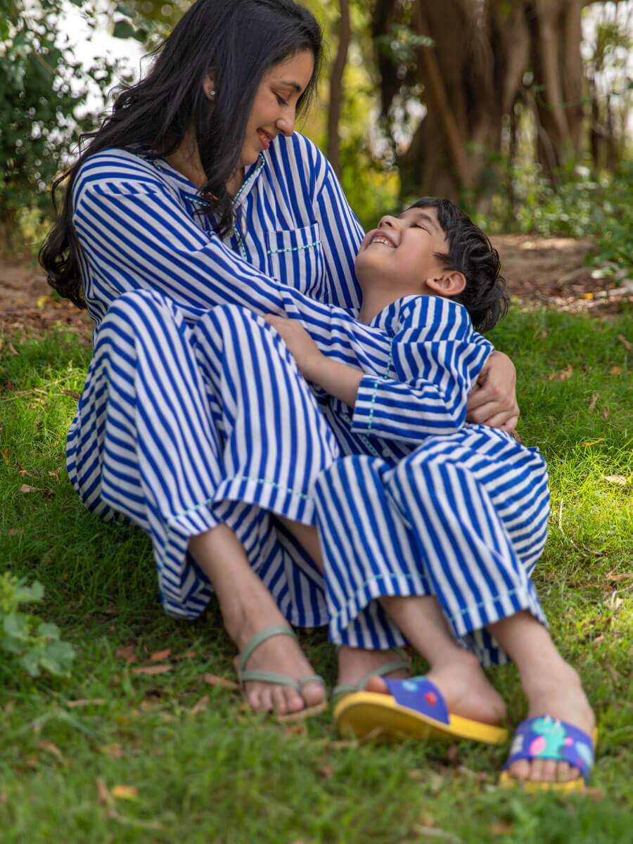 Blue Stripes Block Printed Cotton Top & Pyjama Set