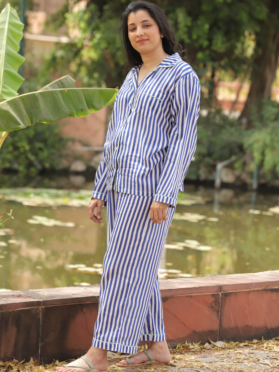 Blue Stripes Block Printed Cotton Top & Pyjama Set