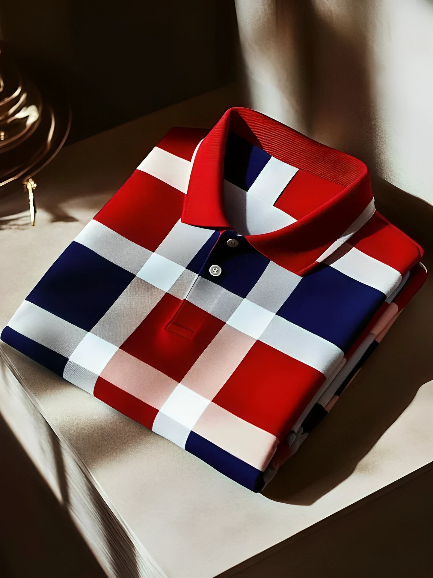Men's Classic Business Plaid Button Short Sleeve Loose Polo Shirt