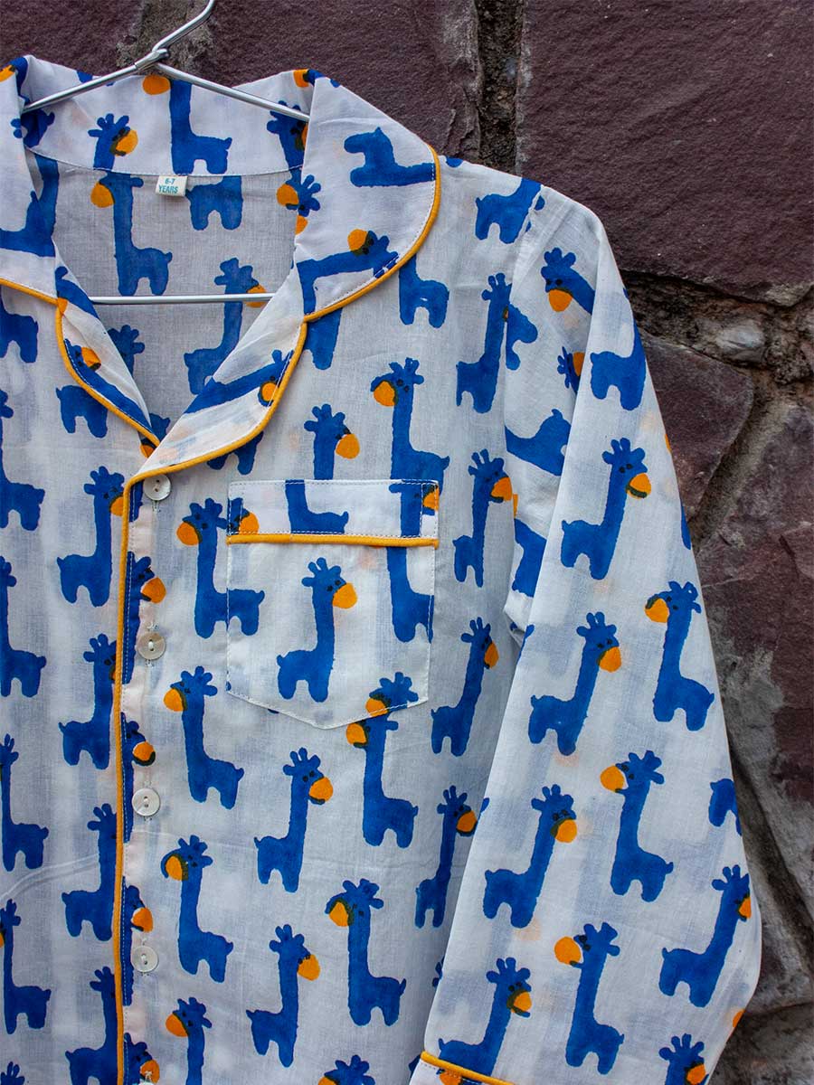 Blue Giraffe Block Printed Cotton Top & Pyjama Set