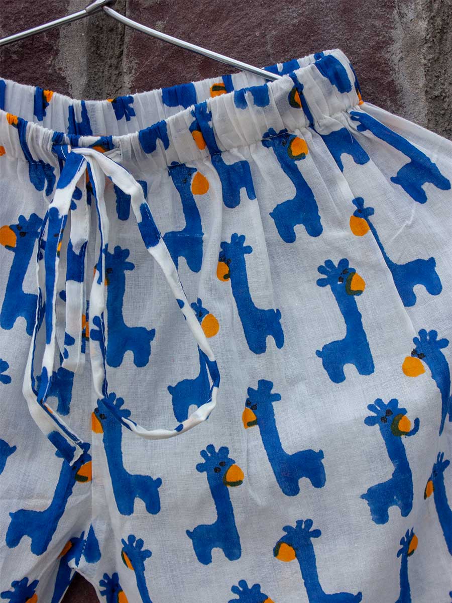 Blue Giraffe Block Printed Cotton Top & Pyjama Set