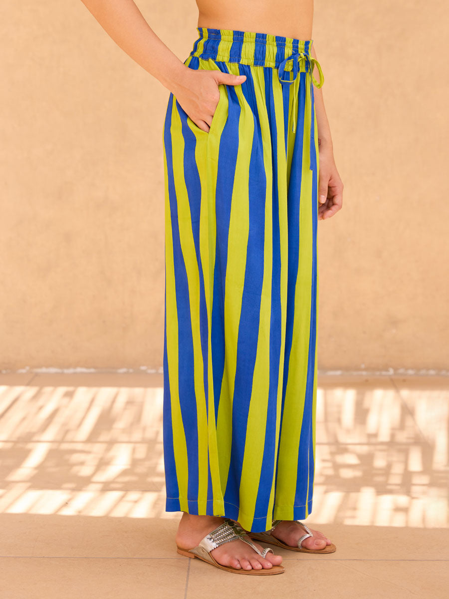 Blue Green Striped Palazzos Pants