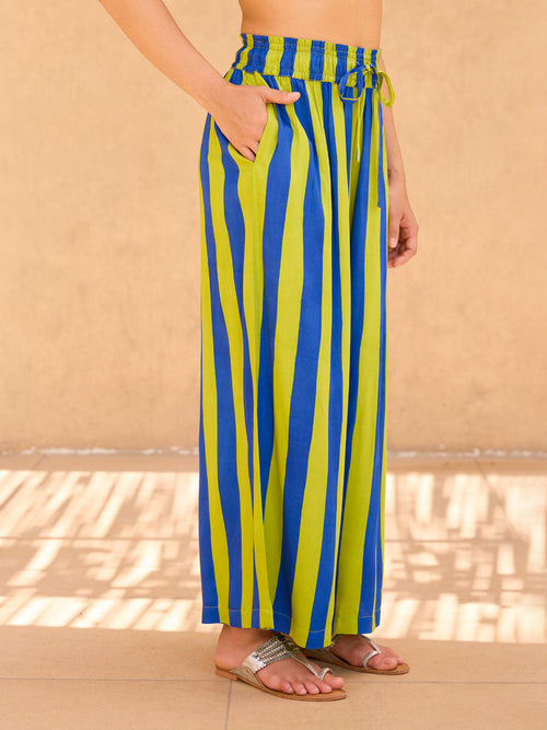 Blue Green Striped Palazzos Pants