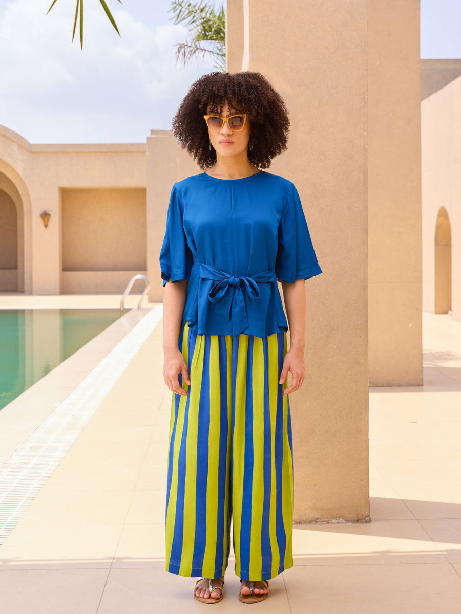 Blue Green Striped Palazzos Pants