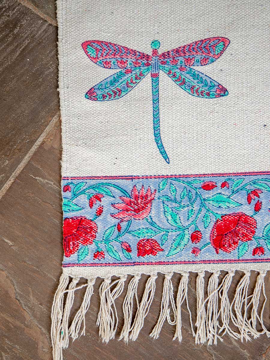 Dragonfly Block Printed Cotton Dhurrie Rug