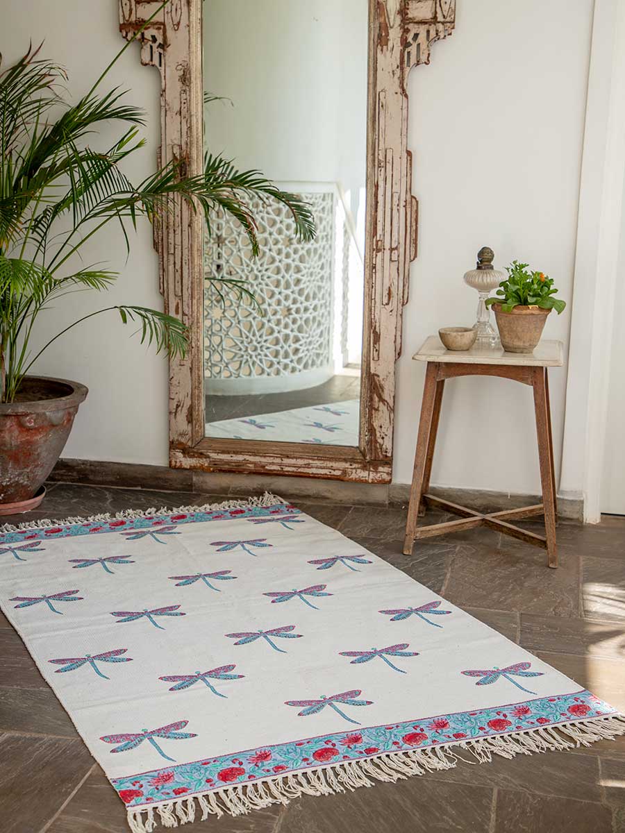 Dragonfly Block Printed Cotton Dhurrie Rug