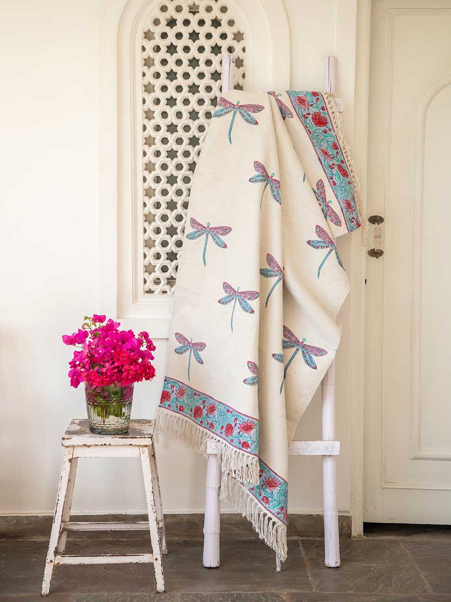 Dragonfly Block Printed Cotton Dhurrie Rug