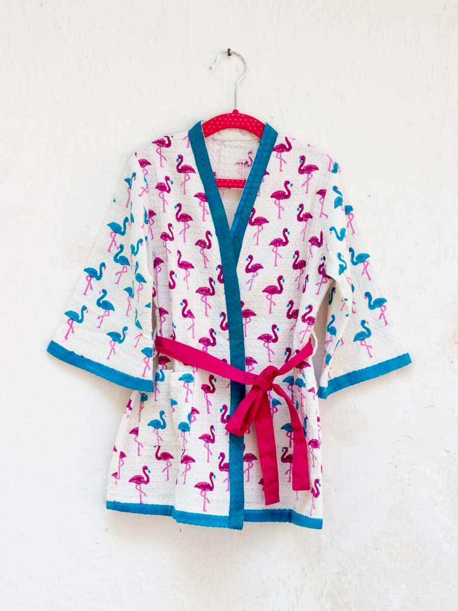 Flamingo Dance Block Printed Waffle Cotton Bath Robe