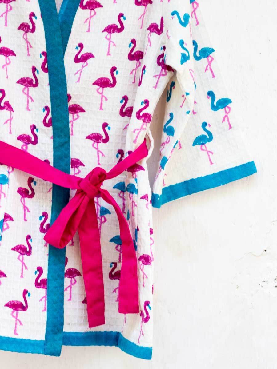 Flamingo Dance Block Printed Waffle Cotton Bath Robe