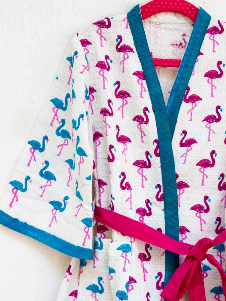Flamingo Dance Block Printed Waffle Cotton Bath Robe
