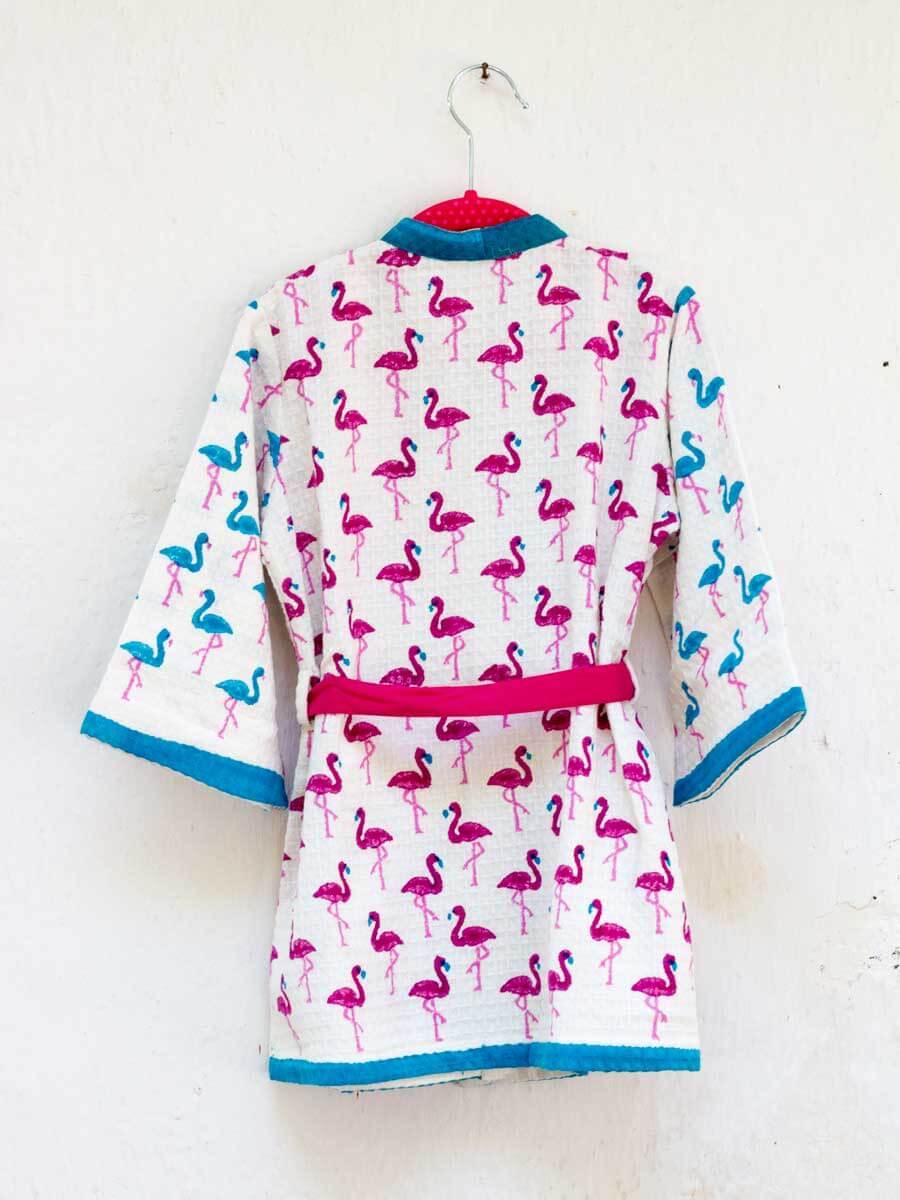 Flamingo Dance Block Printed Waffle Cotton Bath Robe