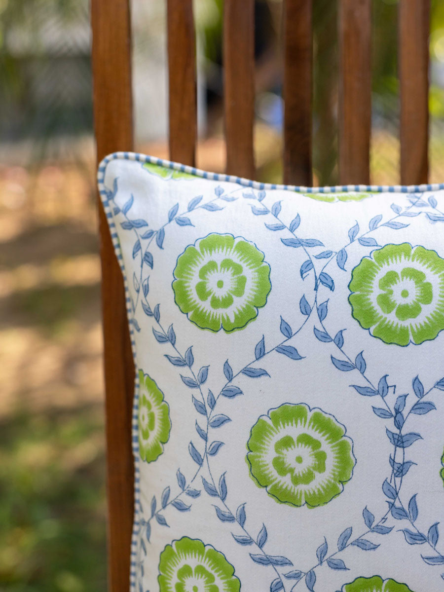 Primrose Block Printed Cotton Cushion Cover - 16 Inch