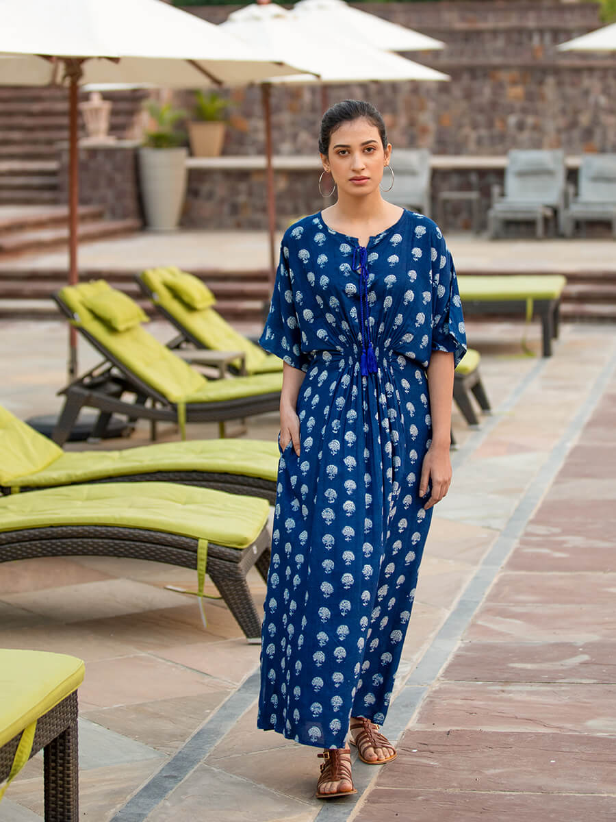 Jheel Indigo Printed Modal Kaftan Maxi Dress