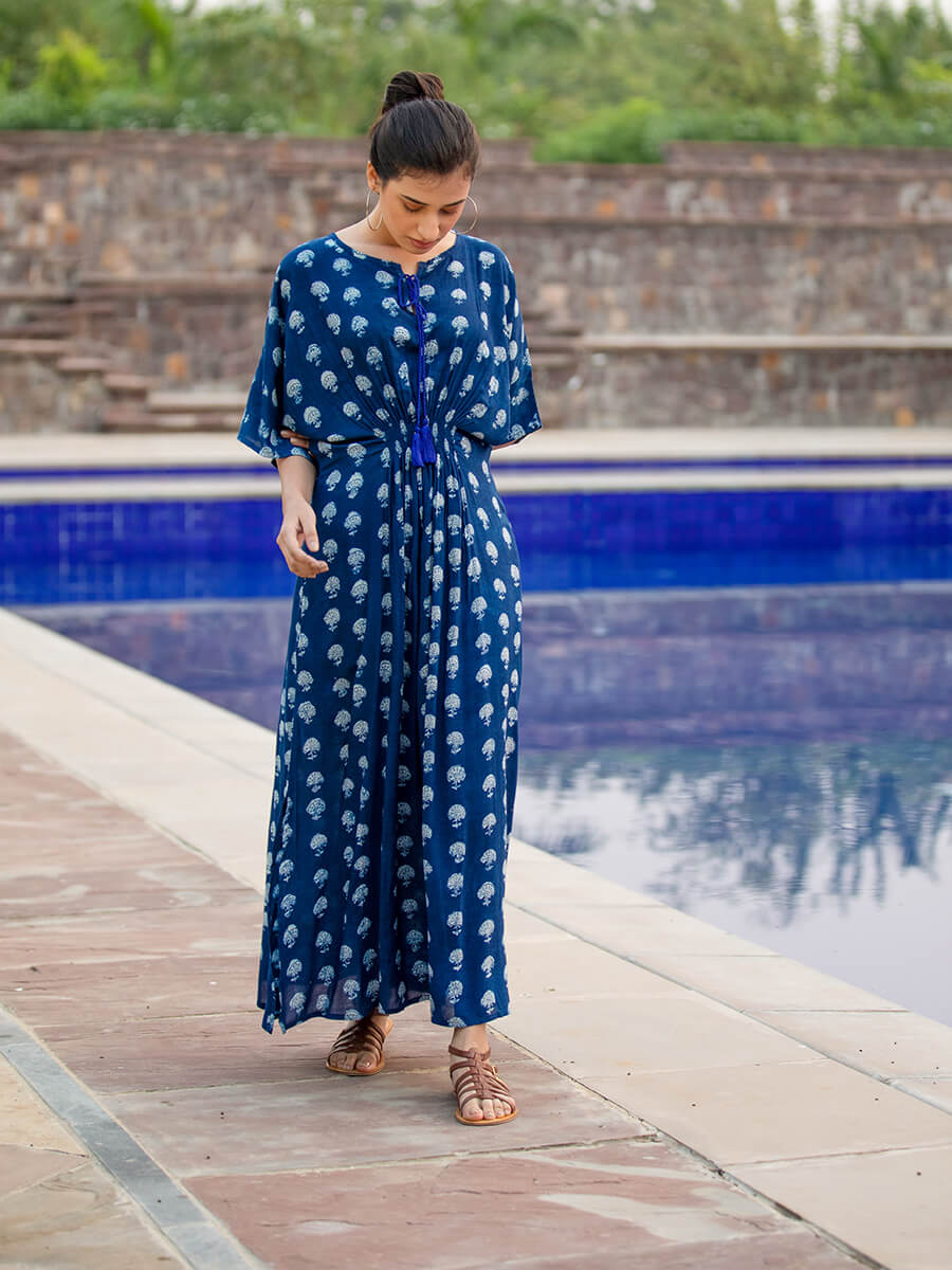 Jheel Indigo Printed Modal Kaftan Maxi Dress