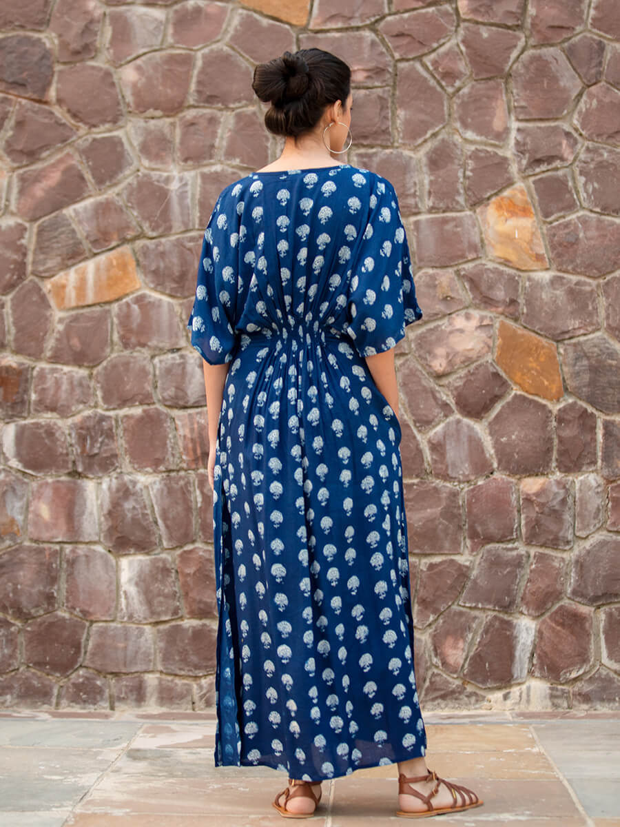 Jheel Indigo Printed Modal Kaftan Maxi Dress
