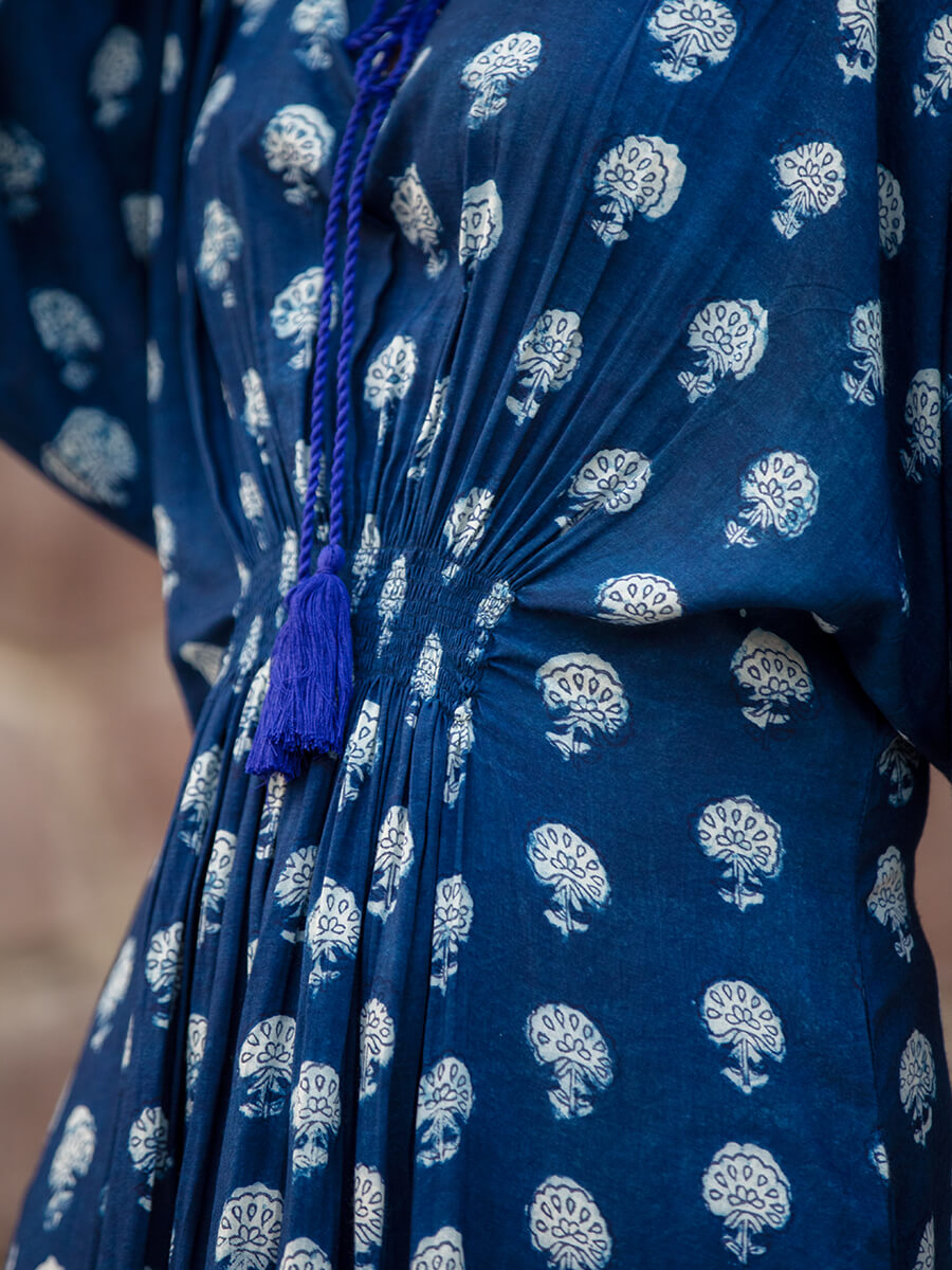 Jheel Indigo Printed Modal Kaftan Maxi Dress