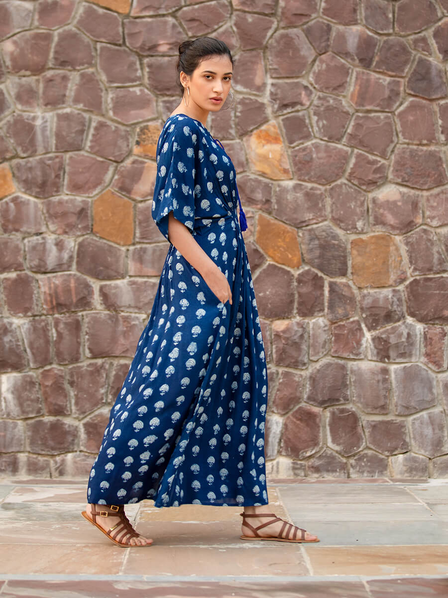 Jheel Indigo Printed Modal Kaftan Maxi Dress