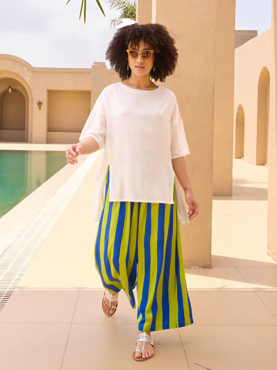 Blue Green Striped Palazzos Pants