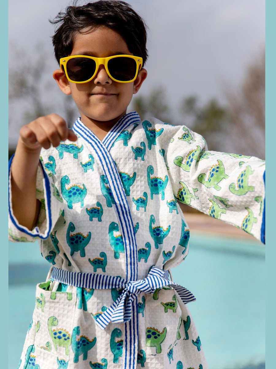 Dino Block Printed Waffle Cotton Bath Robe
