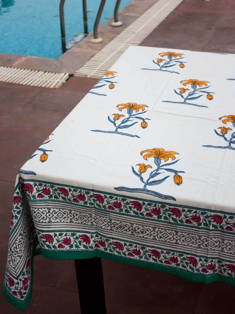 Mustard Floral Block Print Cotton Table Cover