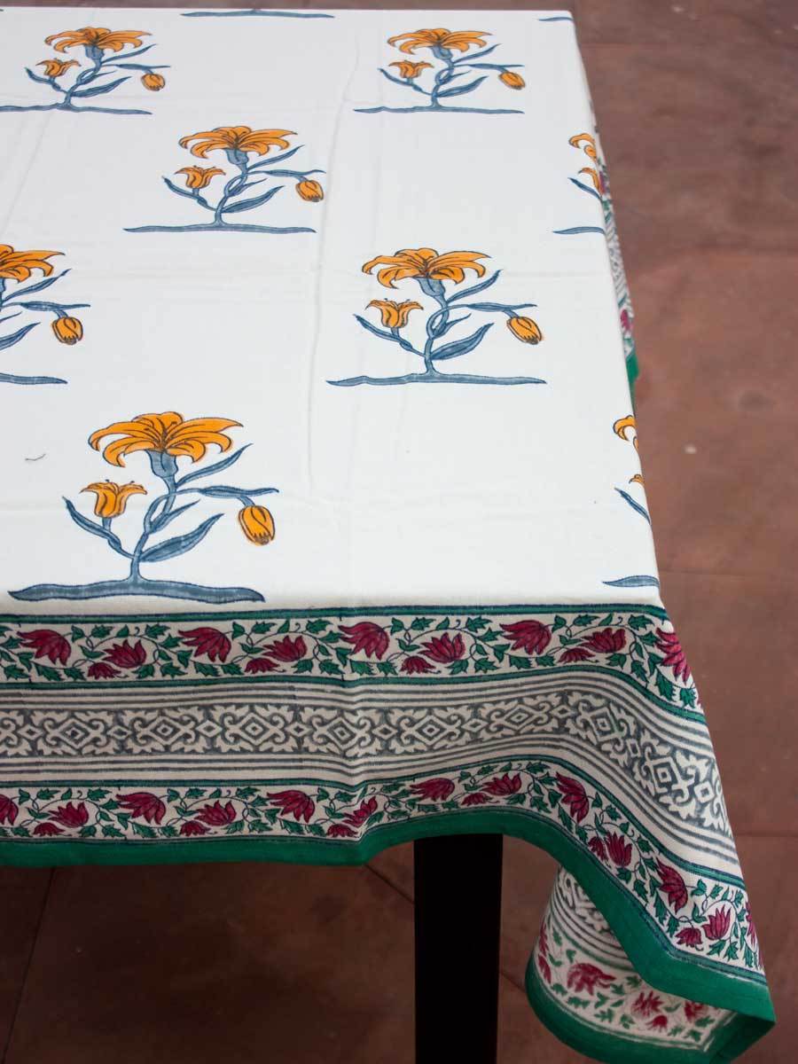 Mustard Floral Block Print Cotton Table Cover