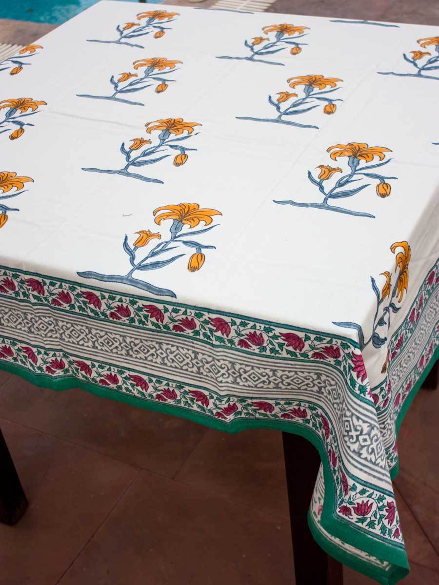 Mustard Floral Block Print Cotton Table Cover