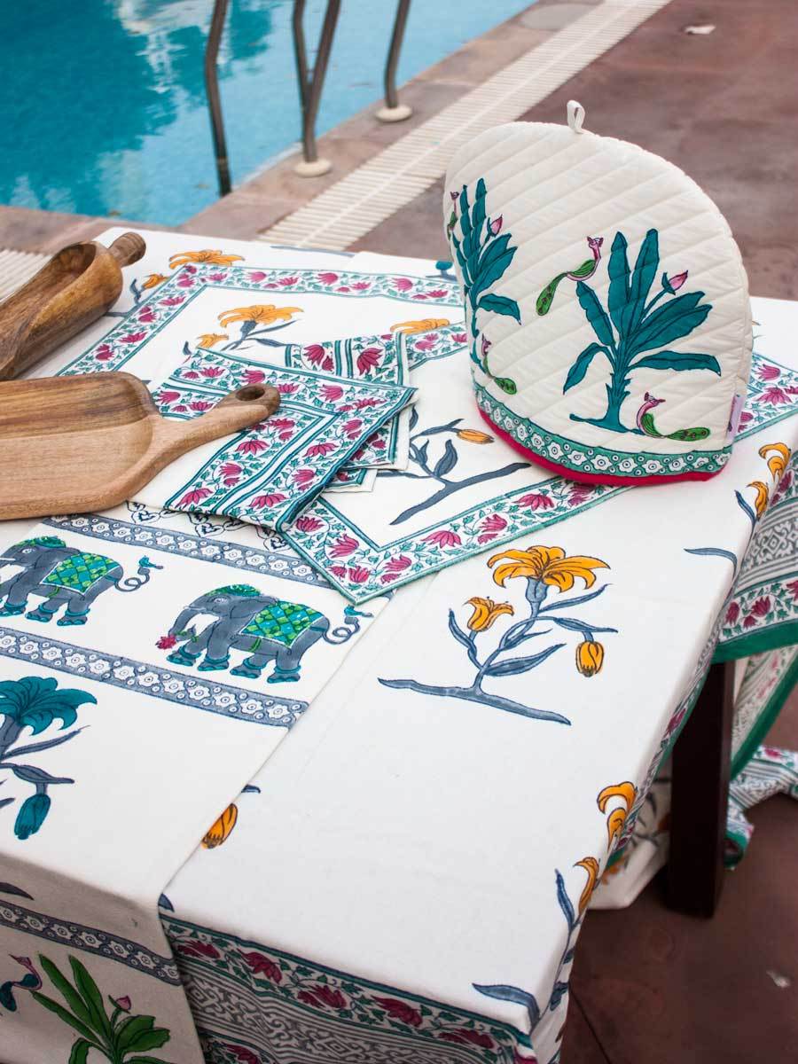 Mustard Floral Block Print Cotton Table Cover