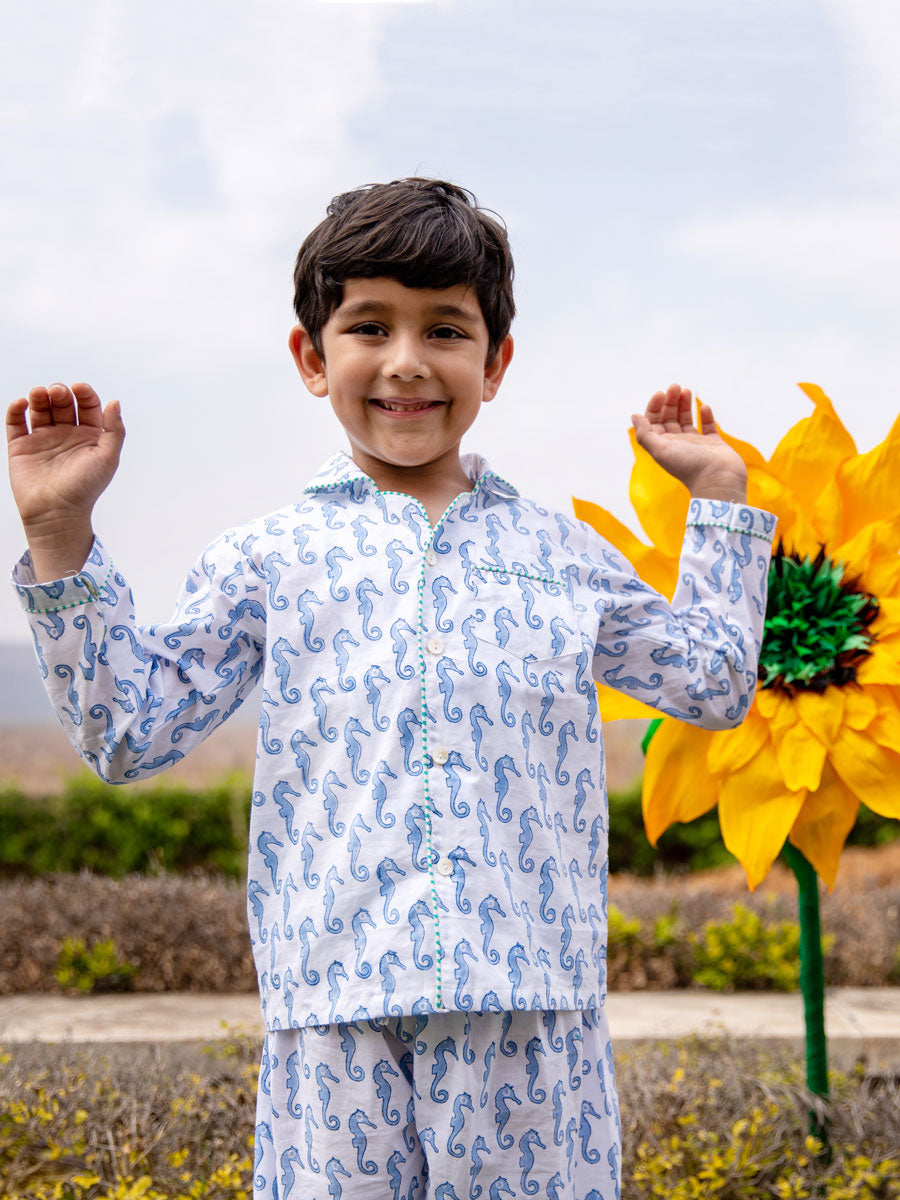Seahorse Block Printed Cotton Top & Pyjama Set