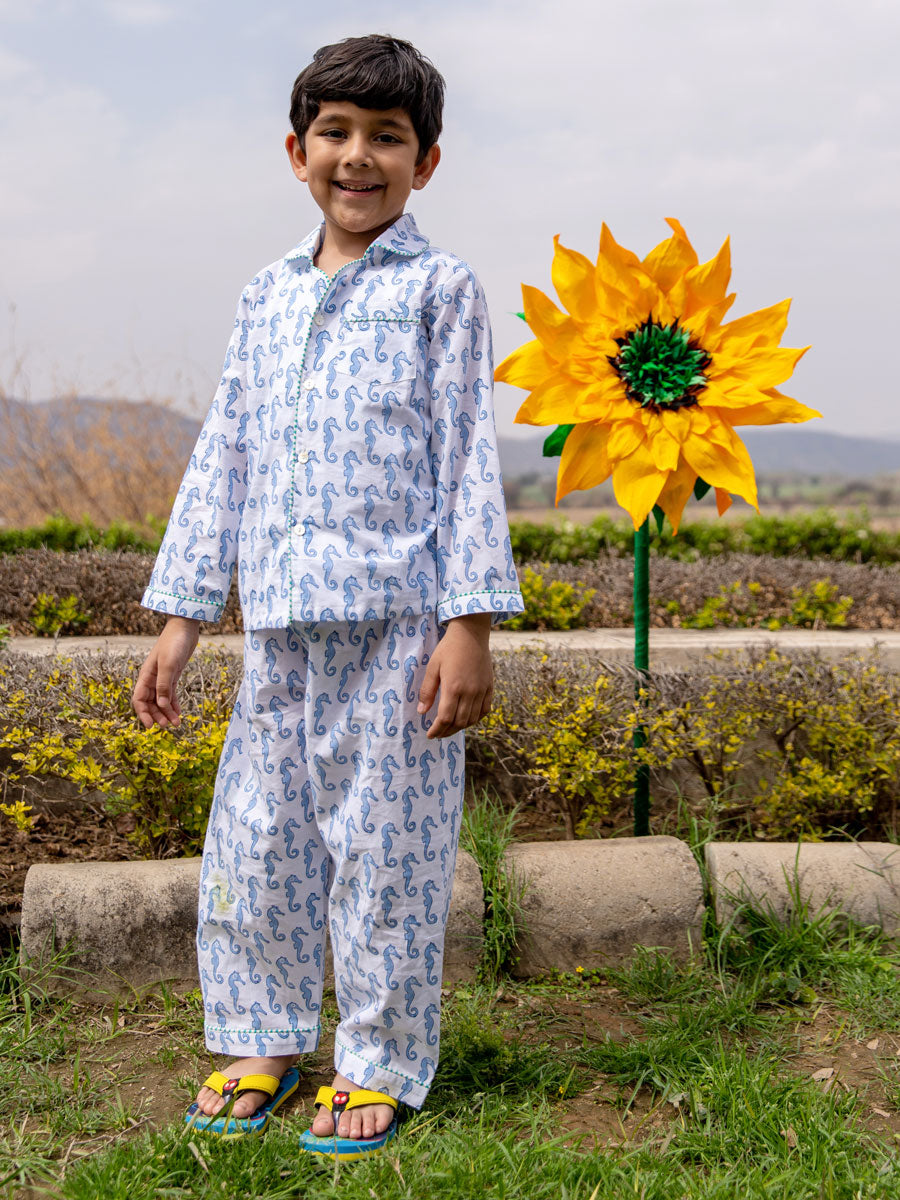 Seahorse Block Printed Cotton Top & Pyjama Set