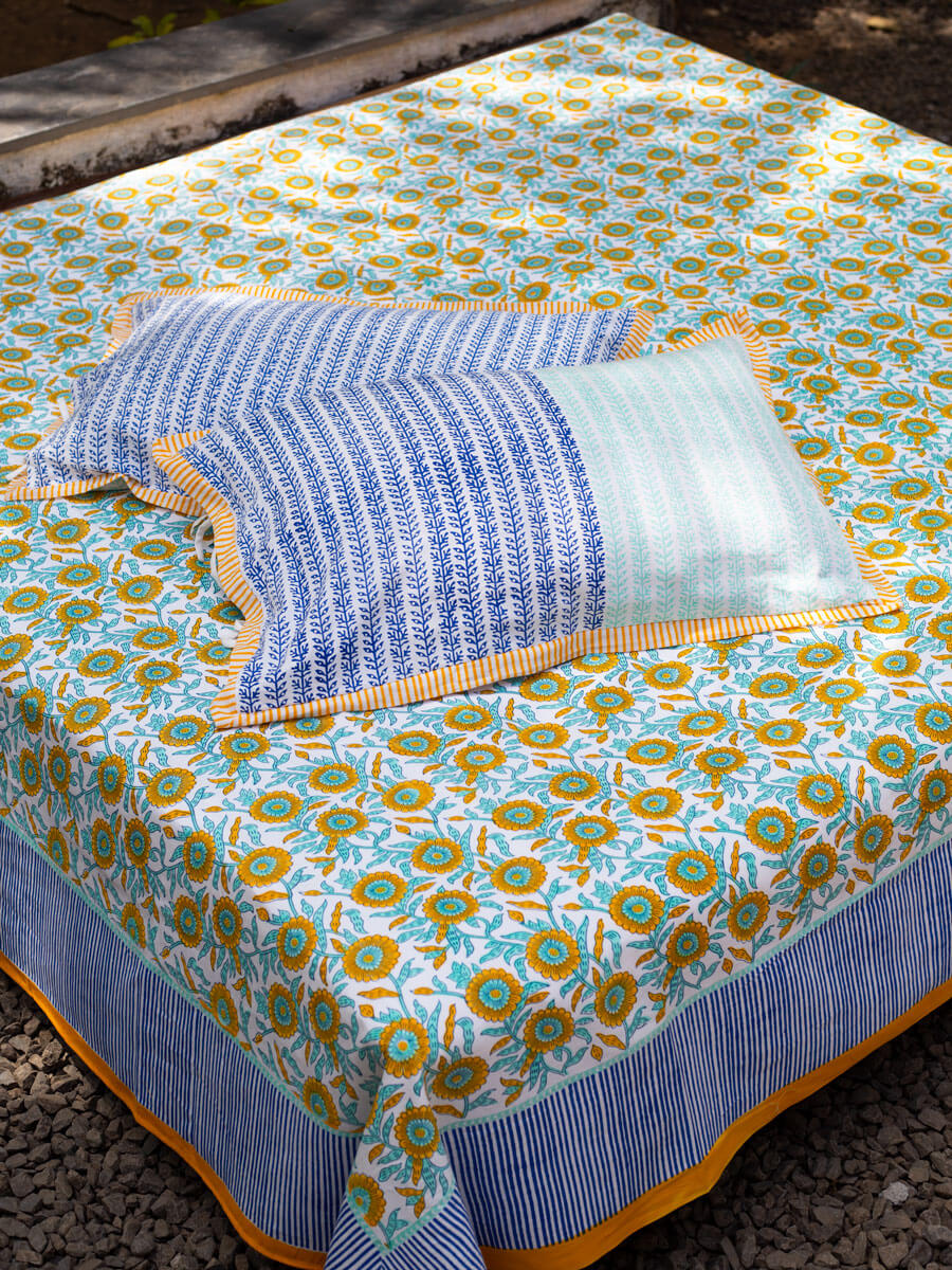 Sunflower Fields Block Printed Cotton Bedsheet