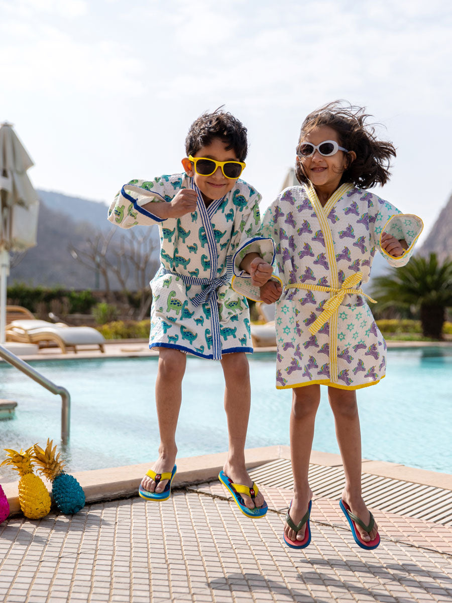 Unicorn Block Printed Waffle Cotton Bath Robe