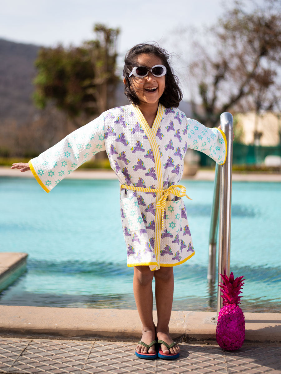 Unicorn Block Printed Waffle Cotton Bath Robe