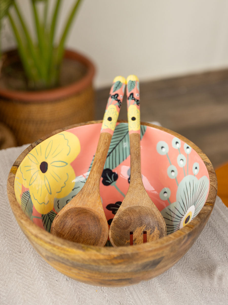 Set of 3 - Flower Melody Salad Bowl With Serving Spoons
