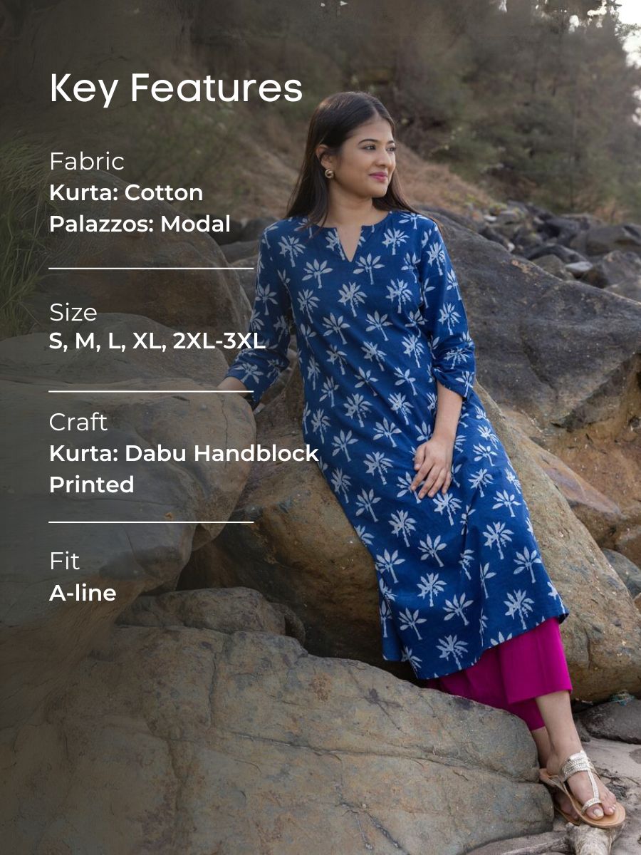 Set of 2 - Sukoon Indigo Cotton Kurta and Palazzo