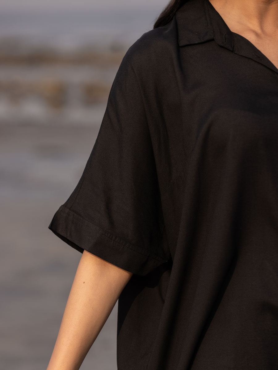 Sajdaa Black Oversized Asymmetrical Long Shirt