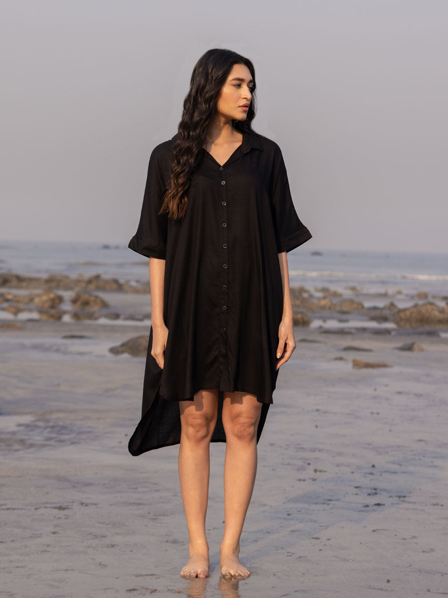 Sajdaa Black Oversized Asymmetrical Long Shirt