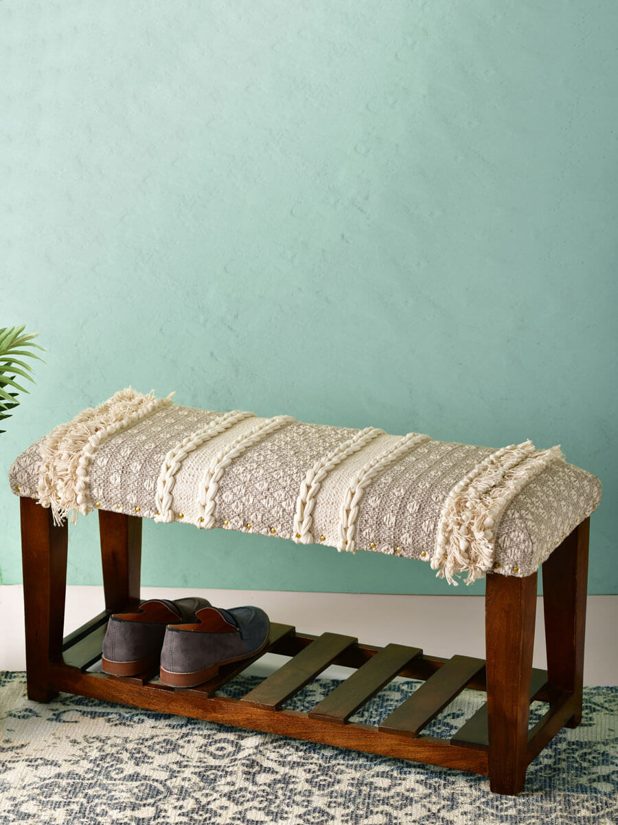 Misty Dew Solid Wood Bench With Upholstery