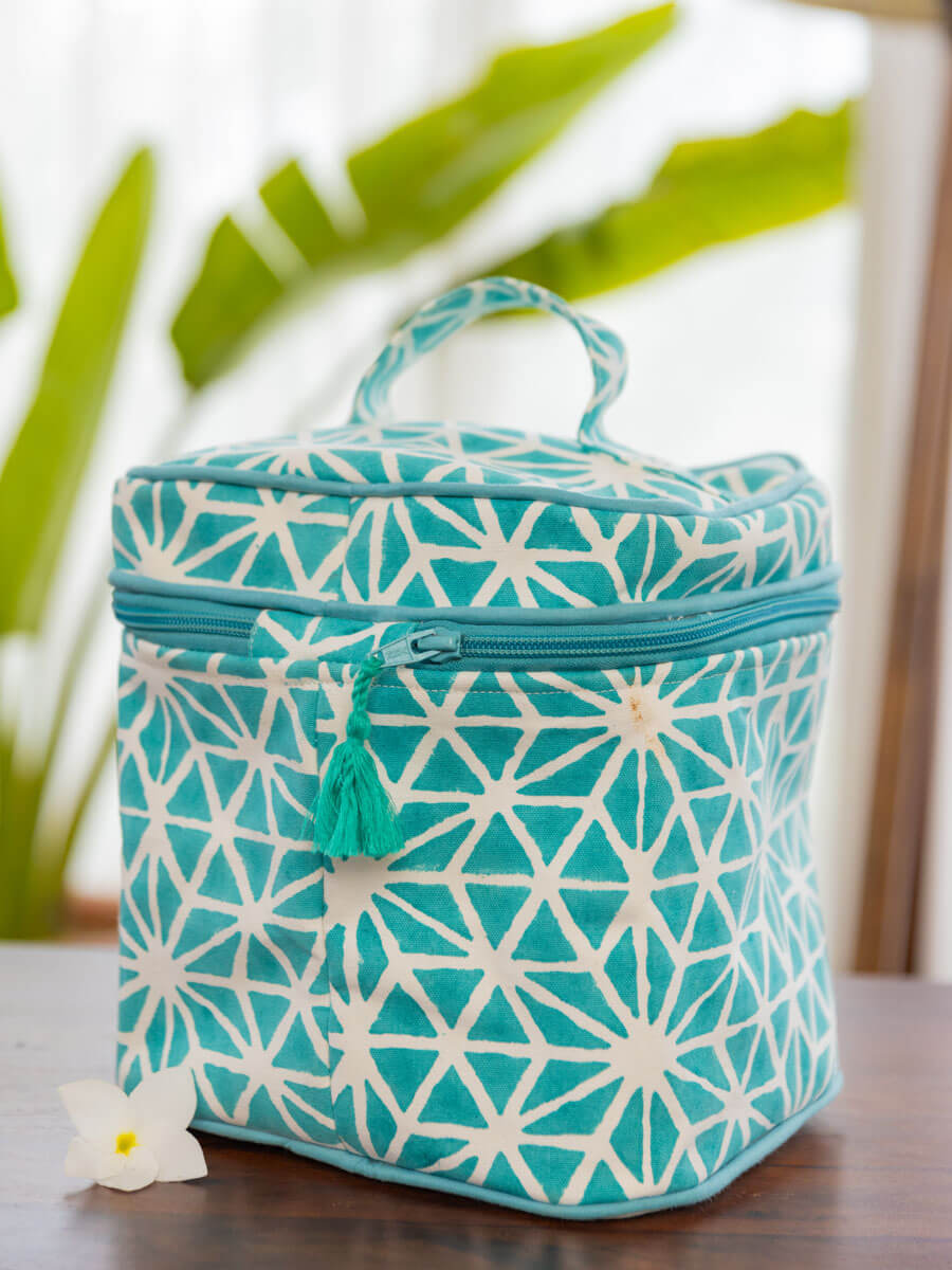 Blue Star Block Printed Cotton Travel Vanity Case