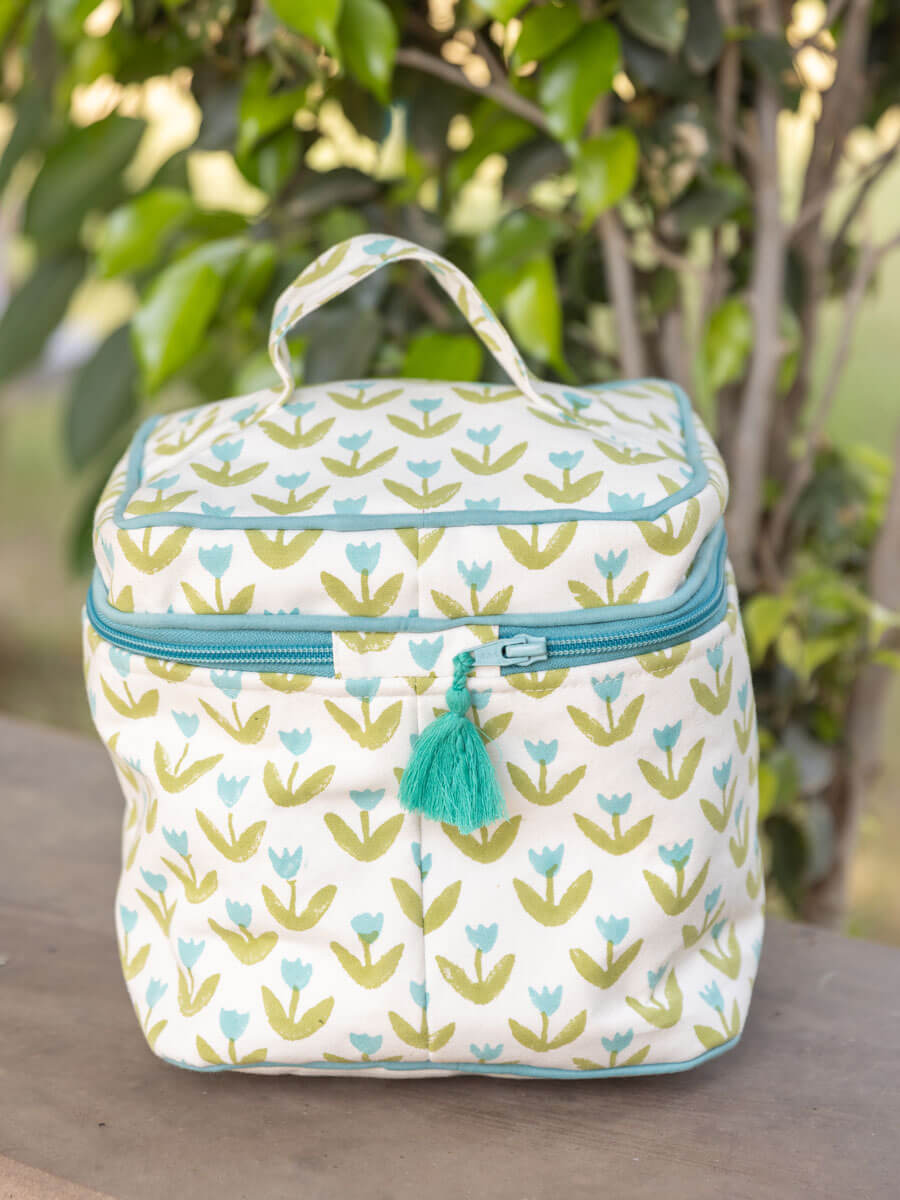 Tiny Tulip Block Printed Cotton Travel Vanity Case