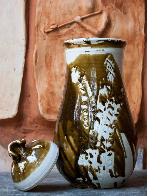 Brown Splash Hand-Thrown Carved Ceramic Jar - Large