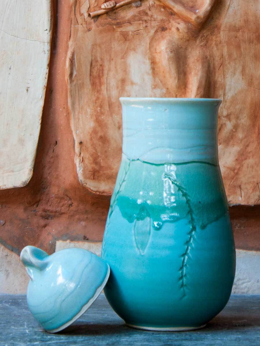 Garden Creepers Hand-Thrown Carved Ceramic Jar - Big