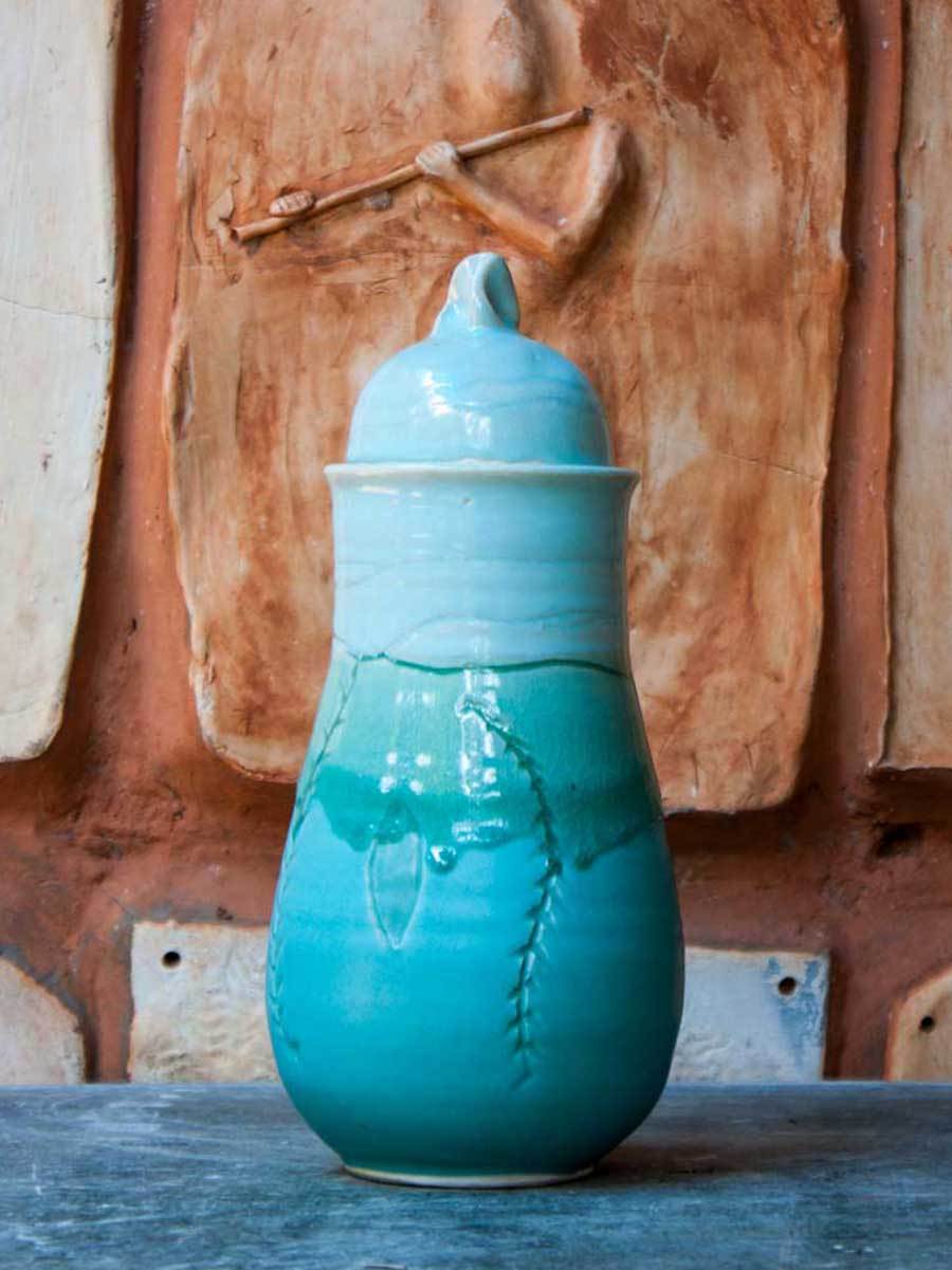 Garden Creepers Hand-Thrown Carved Ceramic Jar - Big