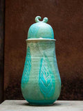 Turquoise Leaf Hand-Thrown Carved Ceramic Jar - Large