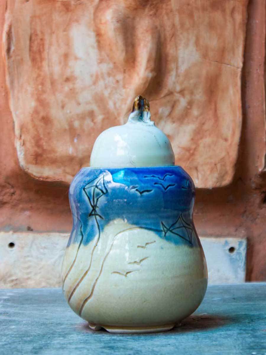 Blue Sky Hand-Thrown Carved Ceramic Jar - Small