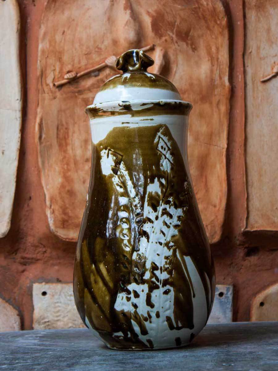 Brown Splash Hand-Thrown Carved Ceramic Jar - Large