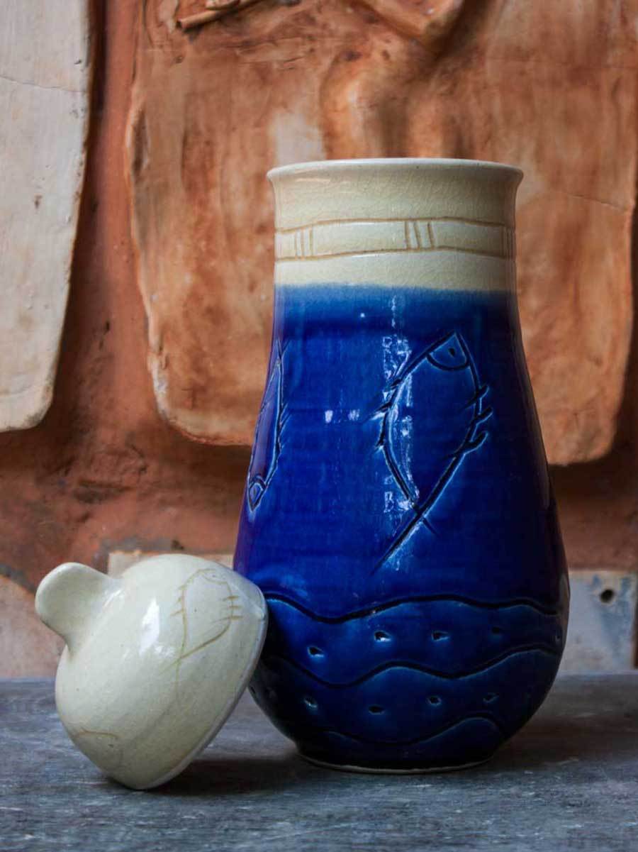 Indigo Waves Hand-Thrown Carved Ceramic Jar - Big