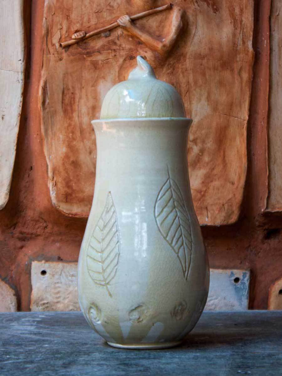 Lilac Leaf Hand-Thrown Carved Ceramic Jar - Large