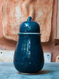 Solid Teal Hand-Thrown Carved Ceramic Jar - Medium