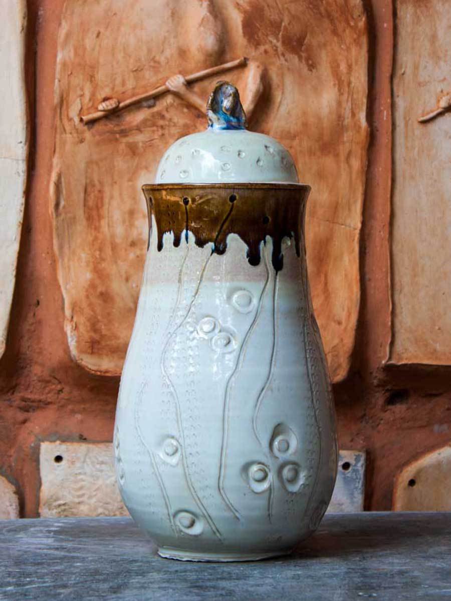 White Creeper Hand-Thrown Carved Ceramic Jar - Large