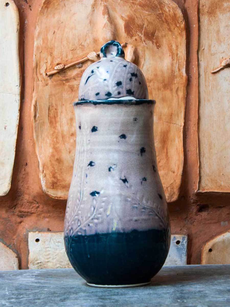 Spotted Indigo Hand-Thrown Carved Ceramic Jar - Large